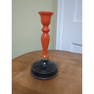 Vintage US Glass Tiffin Art Deco Candleholder Orange Black With Base Etching